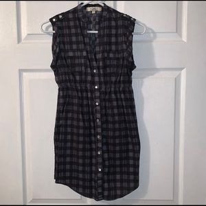 Women’s Junior S LEI MARIBETH Black Gray Check Snap Down Tunic Top Mini Dress EC